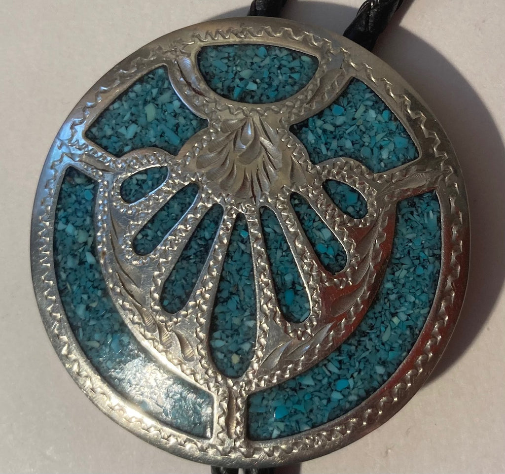 Vintage Metal Bolo Tie, Nice Round Silver with Blue Crushed Turquoise Design