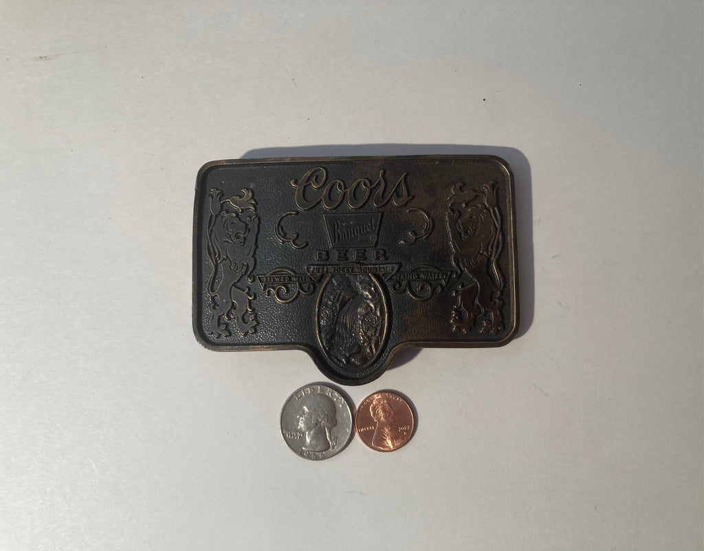 Vintage Metal Belt Buckle, Adolf Coors, Beer, Quality. Colorado, Nice Western Design, 4" x 3/4", Heavy Duty, Quality, Made in USA, Thick Metal, For Belts, Fashion, Shelf Display, Western Wear, Cowboy, Rodeo, Southwest, Country, Fun, Nice