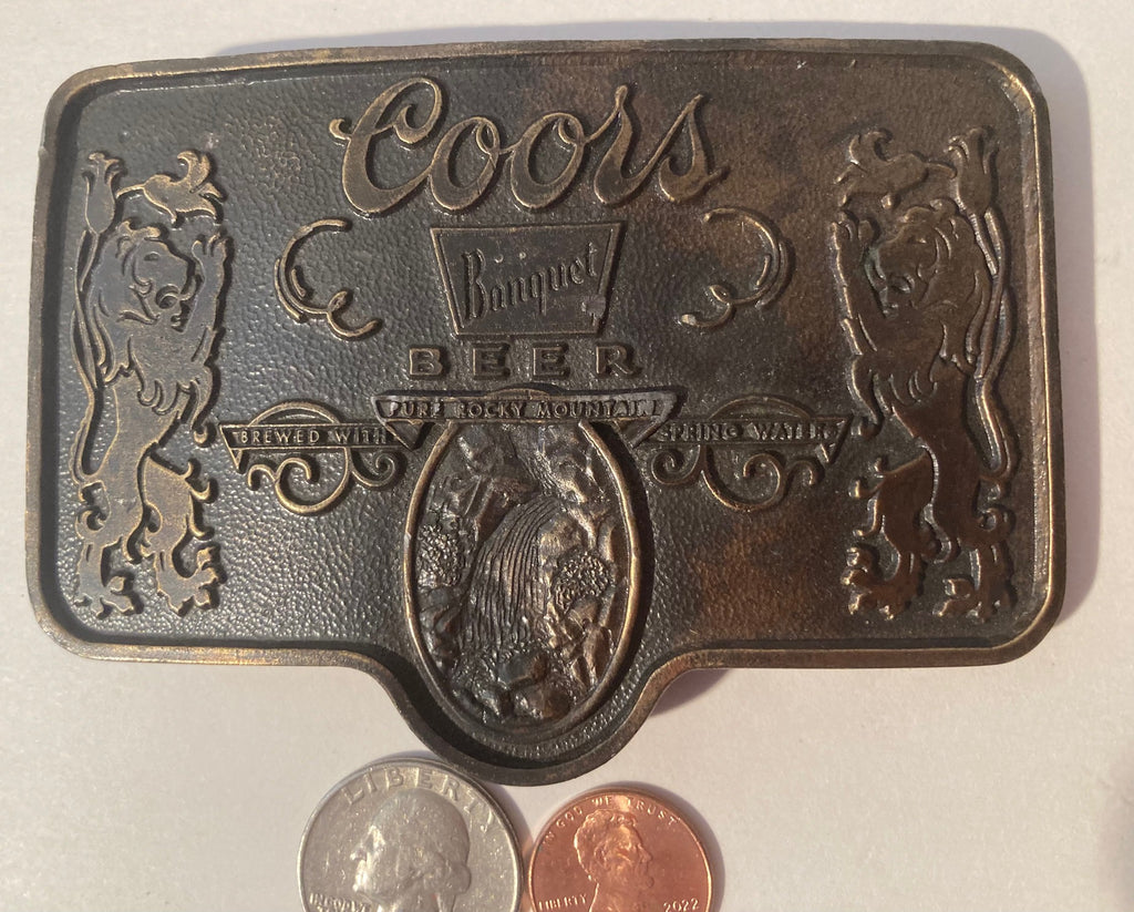 Vintage Metal Belt Buckle, Adolf Coors, Beer, Quality. Colorado, Nice Western Design, 4" x 3/4", Heavy Duty, Quality, Made in USA, Thick Metal, For Belts, Fashion, Shelf Display, Western Wear, Cowboy, Rodeo, Southwest, Country, Fun, Nice