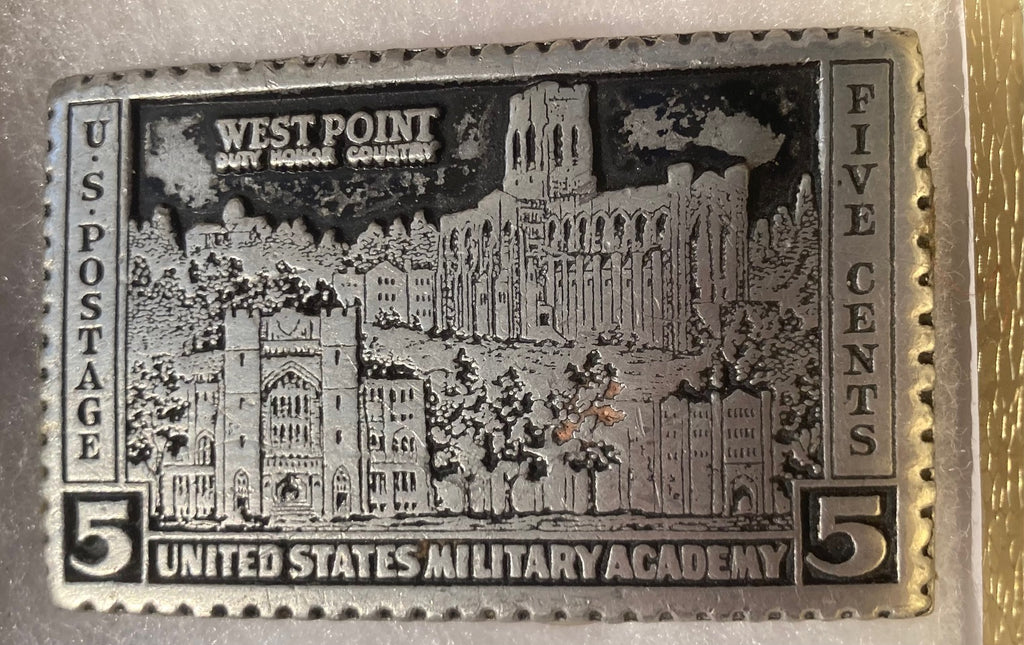 Vintage Metal Belt Buckle, Postage Stamp, Five Cents, West Point