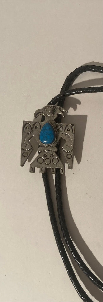 Vintage Metal Bolo Tie, Nice Silver Eagle with Blue Turquoise Stone Design, Eagle