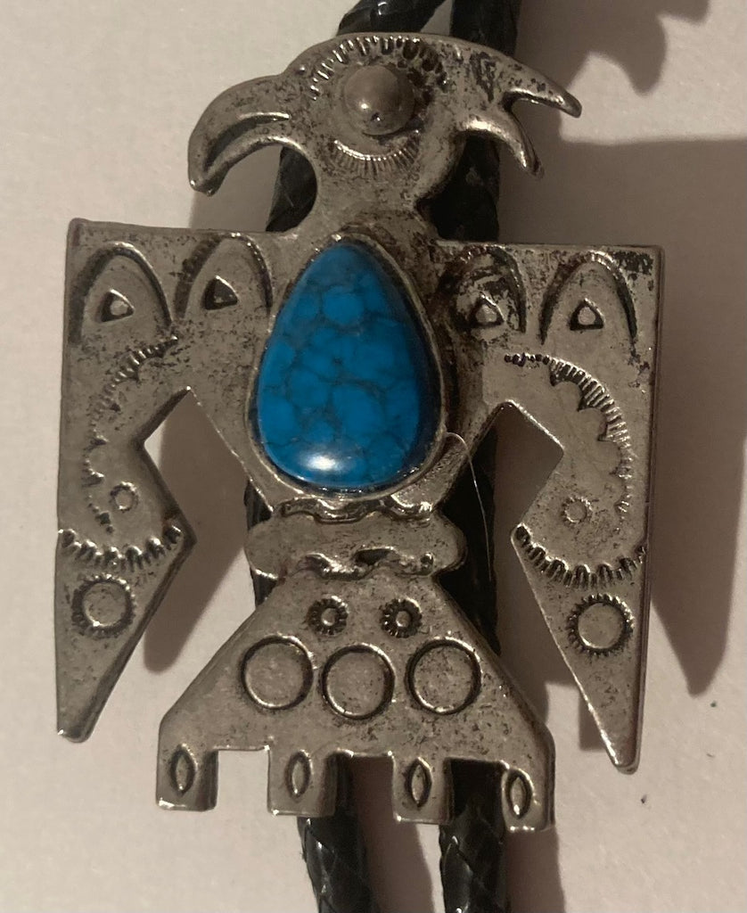 Vintage Metal Bolo Tie, Nice Silver Eagle with Blue Turquoise Stone Design, Eagle