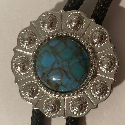 Vintage Metal Bolo Tie, Nice Round Silver and Blue Turquoise Stone Design, Nice Western Design, 1 1/2" x 1 1/2", Quality, Heavy Duty, Made in USA, Country & Western, Cowboy, Western Wear, Horse, Apparel, Accessory, Tie, Nice Quality Fashion