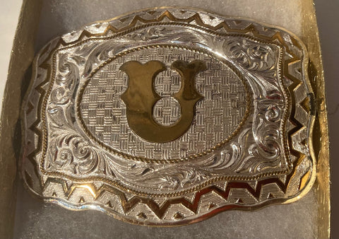 Vintage Metal Belt Buckle, Silver and Brass, Letter U, Initial U, Crumrine, Nice Design, 3 1/2" x 2 3/4", Quality, Heavy Duty, Fashion, Belts, Fun, Nice Design, Made in USA, Quality, Shelf Display