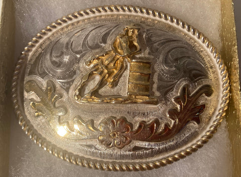 Vintage Metal Belt Buckle, Silver and Brass, Barrel Racking, Paint, Quarter Horse, Cowgirl,, Rodeo, Nice Western Design, 3 1/2" x 2 1/2", Quality, Country and Western, Heavy Duty, Fashion, Belts, Shelf Display, Collectible Belt Buckle