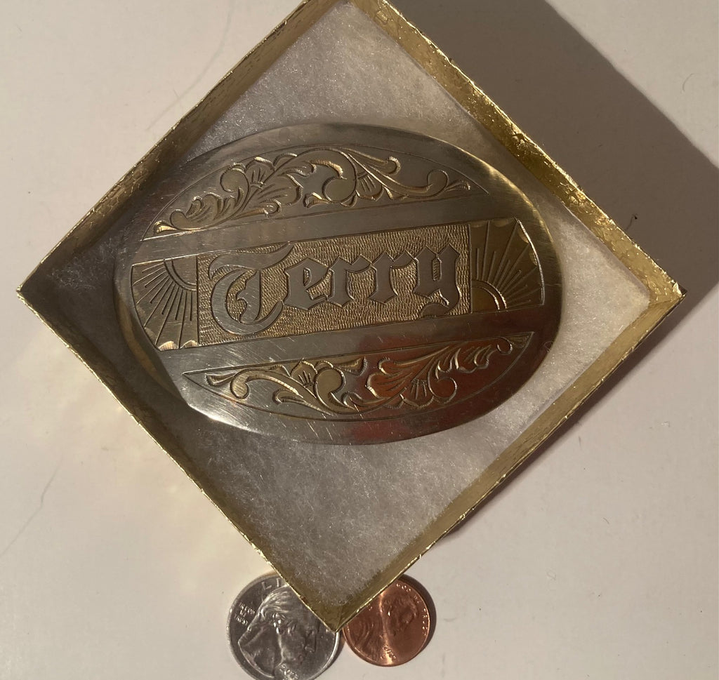 Vintage Metal Belt Buckle, Silver and Brass, Terry, Terrance, Nice Western Design, 3 1/2" x 2 1/2", Quality, Country and Western, Heavy Duty, Made in USA, Fashion, Belts, Shelf Display, Collectible Belt Buckle