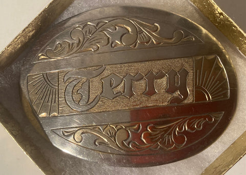 Vintage Metal Belt Buckle, Silver and Brass, Terry, Terrance, Nice Western Design, 3 1/2" x 2 1/2", Quality, Country and Western, Heavy Duty, Made in USA, Fashion, Belts, Shelf Display, Collectible Belt Buckle