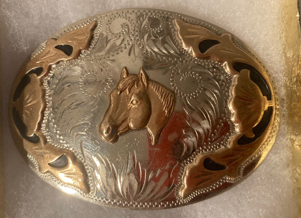 Vintage Metal Belt Buckle, Silver and Brass, Comstock, Horse, Black Enamel, Rodeo, Cowboy, Nice Western Design, 3 1/4" x 2 1/4", Quality, Made in USA, Country and Western, Heavy Duty, Fashion, Belts, Shelf Display, Collectible Belt Buckle