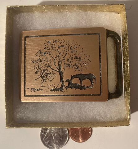 Vintage 1975 Metal Belt Buckle, Brass, Two Horses, Guild, Nice Western Design, 2 3/4" x 2 1/4", Quality, Made in USA, Country and Western, Heavy Duty, Fashion, Belts, Shelf Display, Collectible Belt Buckle