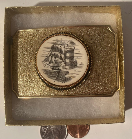 Vintage Metal Belt Buckle, Brass with Nice Stone With Sailboat, Ship Design, Nice Western Design, 3 1/2" x 2 1/4", Quality, Made in USA, Country and Western, Heavy Duty, Fashion, Belts, Shelf Display, Collectible Belt Buckle