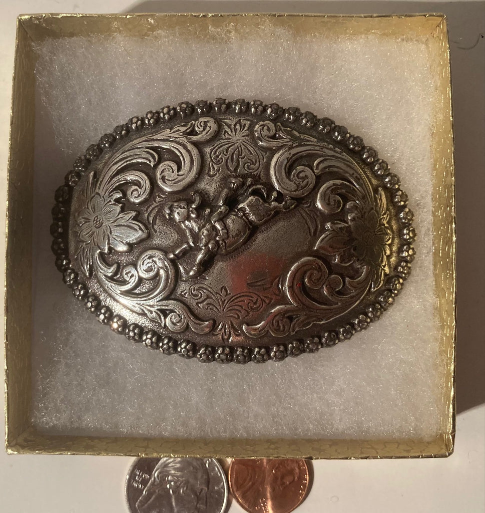 Vintage Metal Belt Buckle, Bull Riding, Cowboy,  Nice Western Design, 3 1/4" x 2 1/4", Quality, Made in USA, Country and Western, Heavy Duty, Fashion, Belts, Shelf Display, Collectible Belt Buckle,