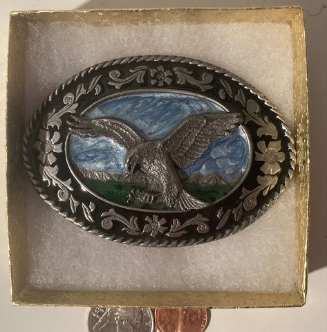 Vintage 1985 Metal Belt Buckle, Nice American Bald Eagle Enamel Design, Nice Western Design, 3 1/2" x 2 1/4", Quality, Made in USA, Country and Western, Heavy Duty, Fashion, Belts, Shelf Display, Collectible Belt Buckle