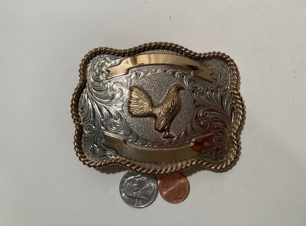 Vintage Metal Belt Buckle, Silver and Brass, Rooster, Chicken, Fowl, Nice Western Design