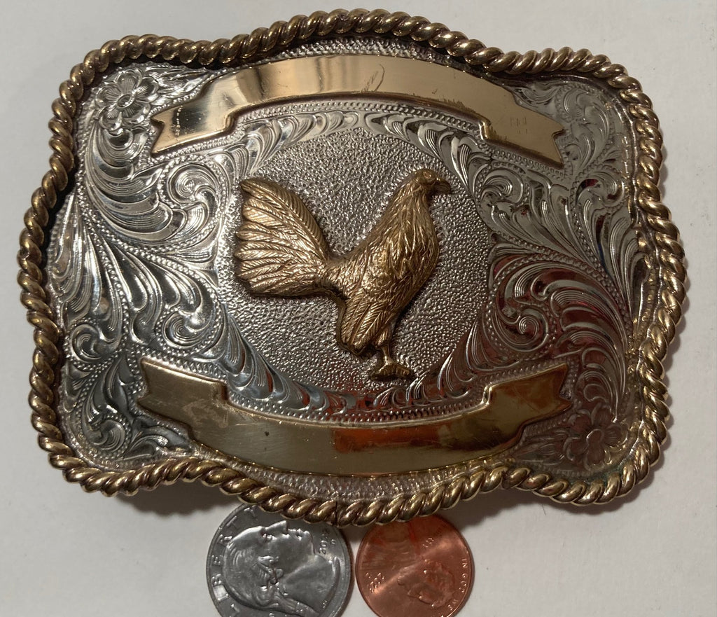 Vintage Metal Belt Buckle, Silver and Brass, Rooster, Chicken, Fowl, Nice Western Design