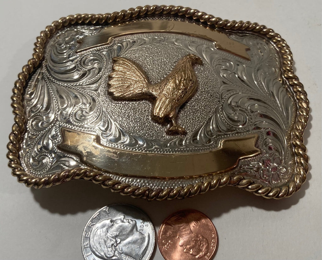 Vintage Metal Belt Buckle, Silver and Brass, Rooster, Chicken, Fowl, Nice Western Design