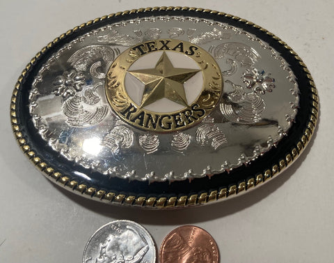 Vintage Metal Belt Buckle, Texas Rangers, Lone Star, Silver and Gold, Black and White Enamel, Nice Western Design