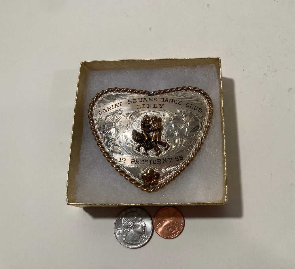 Vintage 1998 Metal Belt Buckle, Nice Silver and Brass, Red Stone, Heart Shape, Lariat Square Dance Club, Square Dancing, Cindy, President