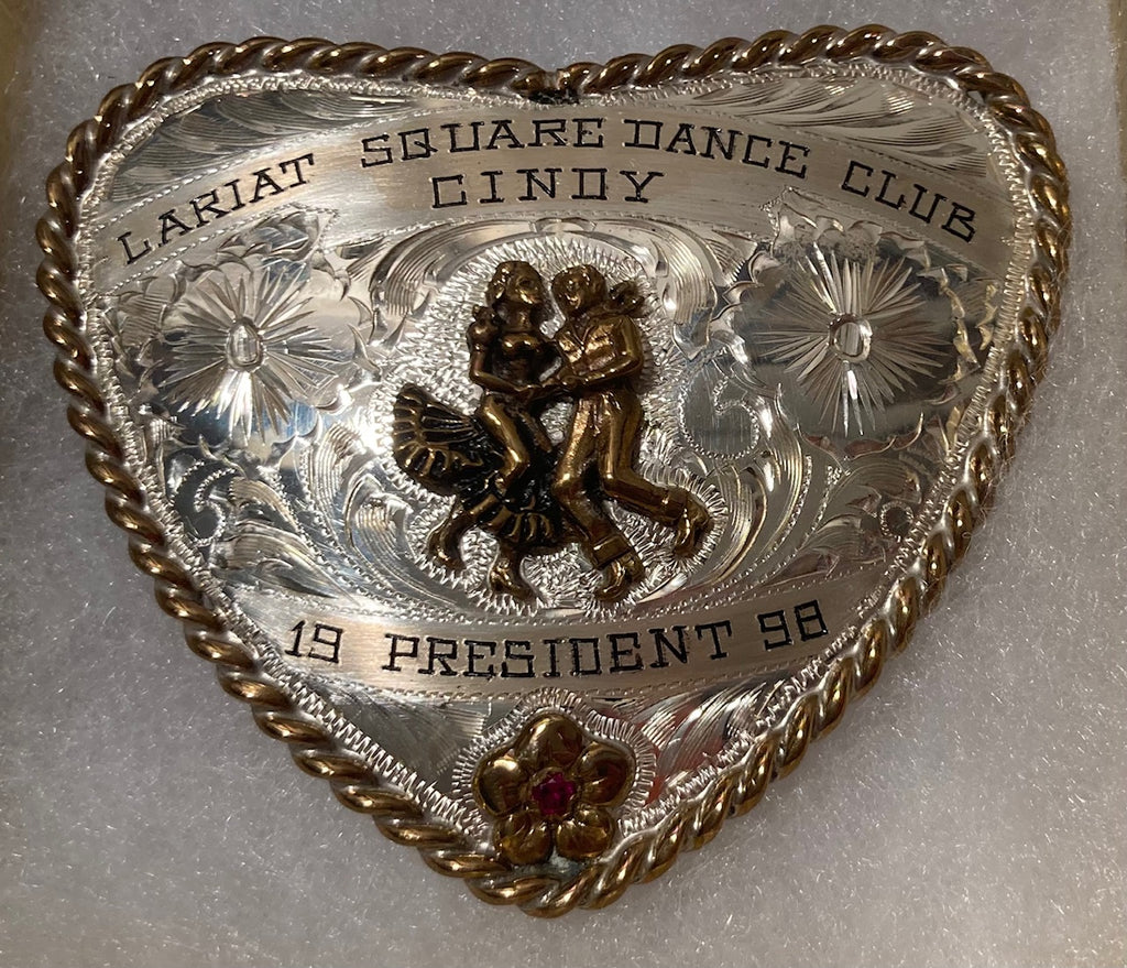 Vintage 1998 Metal Belt Buckle, Nice Silver and Brass, Red Stone, Heart Shape, Lariat Square Dance Club, Square Dancing, Cindy, President