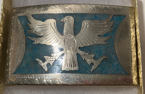 Vintage Metal Belt Buckle, Nice Silver and Green Enamel Eagle Design, Nice Western Design