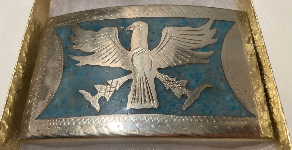 Vintage Metal Belt Buckle, Nice Silver and Green Enamel Eagle Design, Nice Western Design