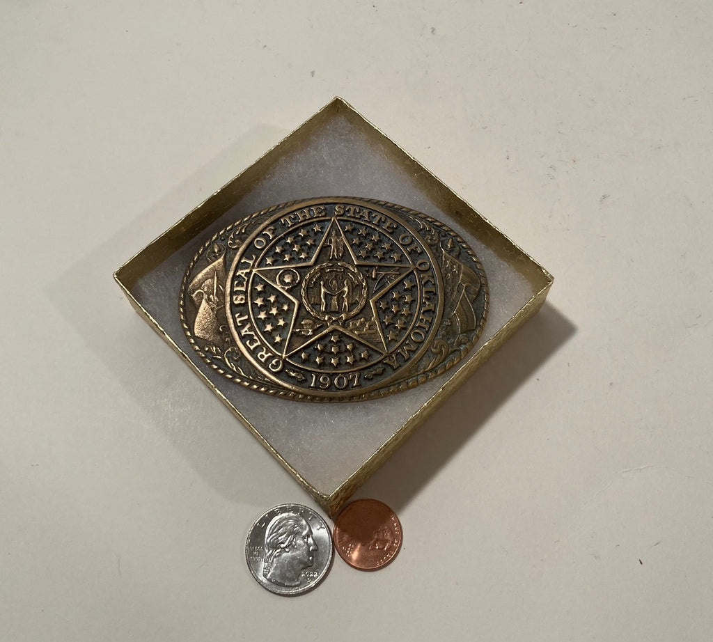 Vintage 1981 Metal Belt Buckle, 24 KT Gold Plated, The Great Seal of Oklahoma, Nice Western Design