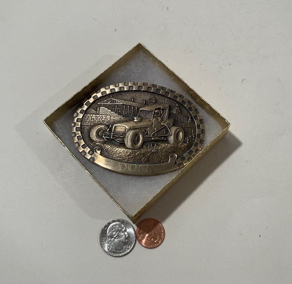 Vintage Metal Belt Buckle, Solid Brass, Race Car, Racing, Driving, Stock Car, Nice Western Design