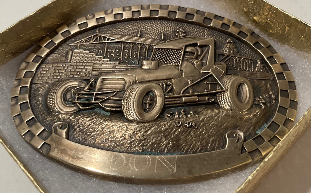 Vintage Metal Belt Buckle, Solid Brass, Race Car, Racing, Driving, Stock Car, Nice Western Design