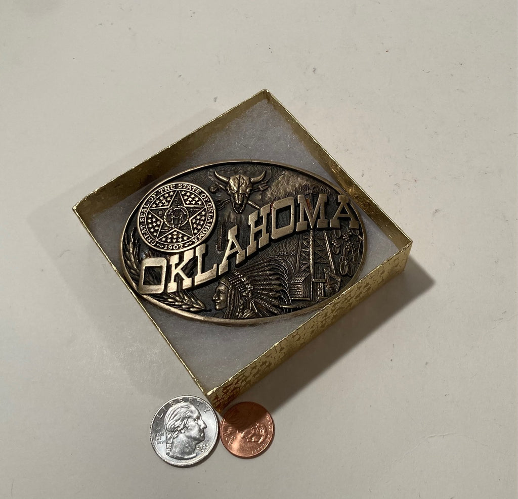 Vintage Metal Belt Buckle, The Great State Seal of Oklahoma, Pan Handle, Tulsa, Nice Western Design