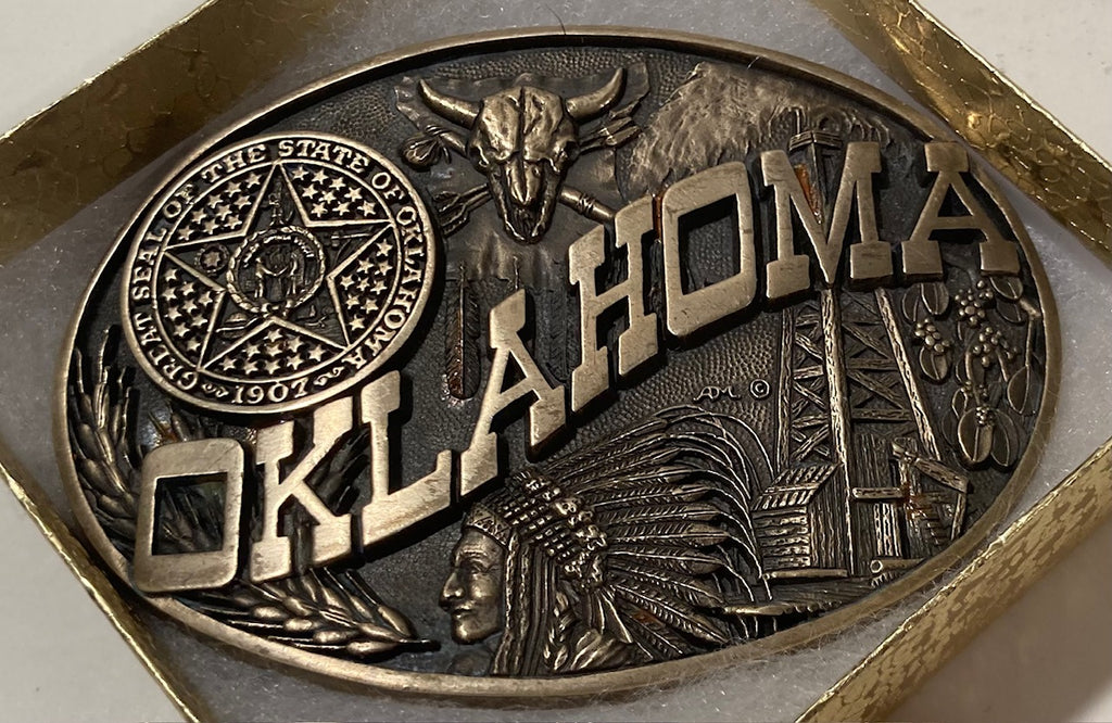 Vintage Metal Belt Buckle, The Great State Seal of Oklahoma, Pan Handle, Tulsa, Nice Western Design