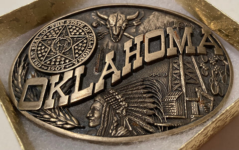 Vintage Metal Belt Buckle, The Great State Seal of Oklahoma, Pan Handle, Tulsa, Nice Western Design