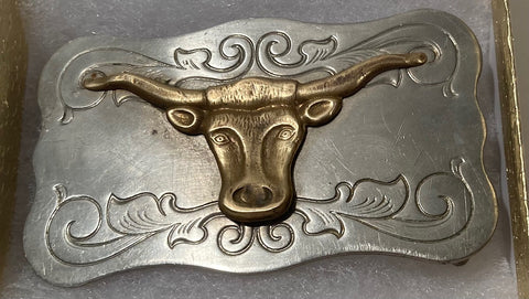 Vintage Metal Belt Buckle, Nickel Silver, Longhorn, Bull, Cow, Steer, AG, Nice Western Design