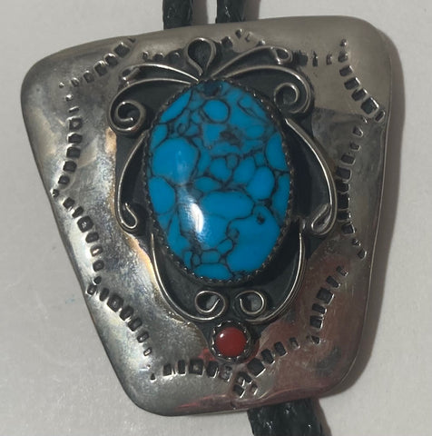 Vintage Metal Bolo Tie, Silver with Nice Turquoise Stones, Big Size, Nice Western Design, 2" x 2" Quality, Heavy Duty, Made in USA, Country & Western, Cowboy, Western Wear, Horse, Apparel, Accessory, Tie, Nice Quality Fashion