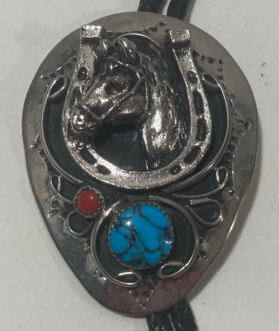 Vintage Metal Bolo Tie, Silver with Nice Turquoise Stones, Horse, Horseshoe, Big Size, Nice Western Design, 2 1/2" x 2" Quality, Heavy Duty, Made in USA, Country & Western, Cowboy, Western Wear, Horse, Apparel, Accessory, Tie, Nice Quality Fashion