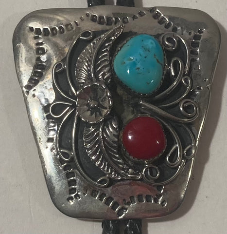 Vintage Metal Bolo Tie, Silver with Nice Turquoise Stones, Flower, Big Size, Nice Western Design, 2" x 2" Quality, Heavy Duty, Made in USA, Country & Western, Cowboy, Western Wear, Horse, Apparel, Accessory, Tie, Nice Quality Fashion