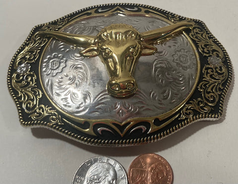 Vintage Metal Belt Buckle, Silver and Brass, Longhorn, Cow, Bull, Steer, Cattle, Nice Western Design