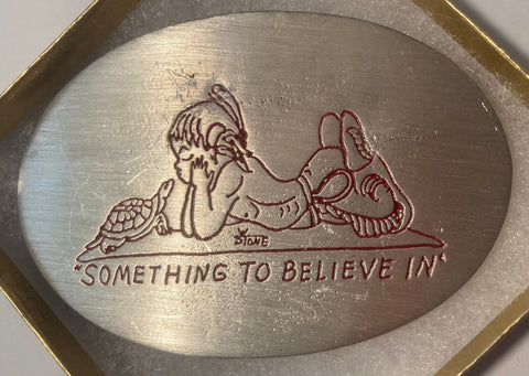 Vintage Metal Belt Buckle, Something to Believe In, Nice Western Design, 3 1/2" x 2 1/2", Heavy Duty, Made in USA, Quality, Thick Metal, For Belts, Fashion, Shelf Display, Western Wear, Southwest, Country, Fun, Nice