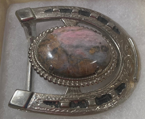 Vintage Metal Belt Buckle, Nice Horseshoe with Nice Pink and Gray Colored Stone Design, Nice Western Design