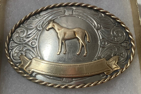 Vintage Metal Belt Buckle, Nickel Silver and Brass, Horse, Pony, Nice Western Design