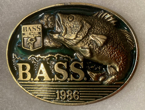 Vintage 1986 Metal Belt Buckle, Nice Bass Fishing, Bass Anglers Sportsman Society, Nice Western Design, 2 3/4" x 2", Heavy Duty, Made in USA, Quality, Thick Metal, For Belts, Fashion, Shelf Display, Western Wear, Southwest, Country, Fun, Nice