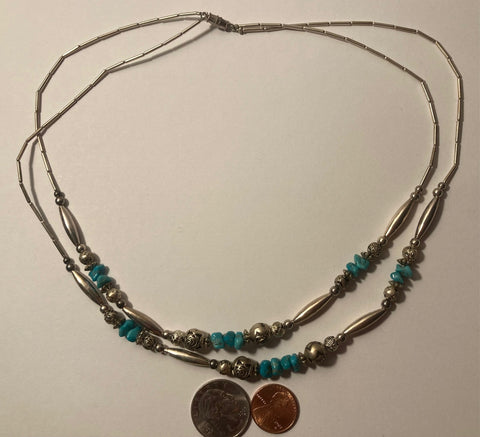 Vintage Silver and Turquoise Double Strand Necklace, Native Design, Quality, Jewelry, 0563 Accessory, Clothing, Necklace, Charm, Bracelet,