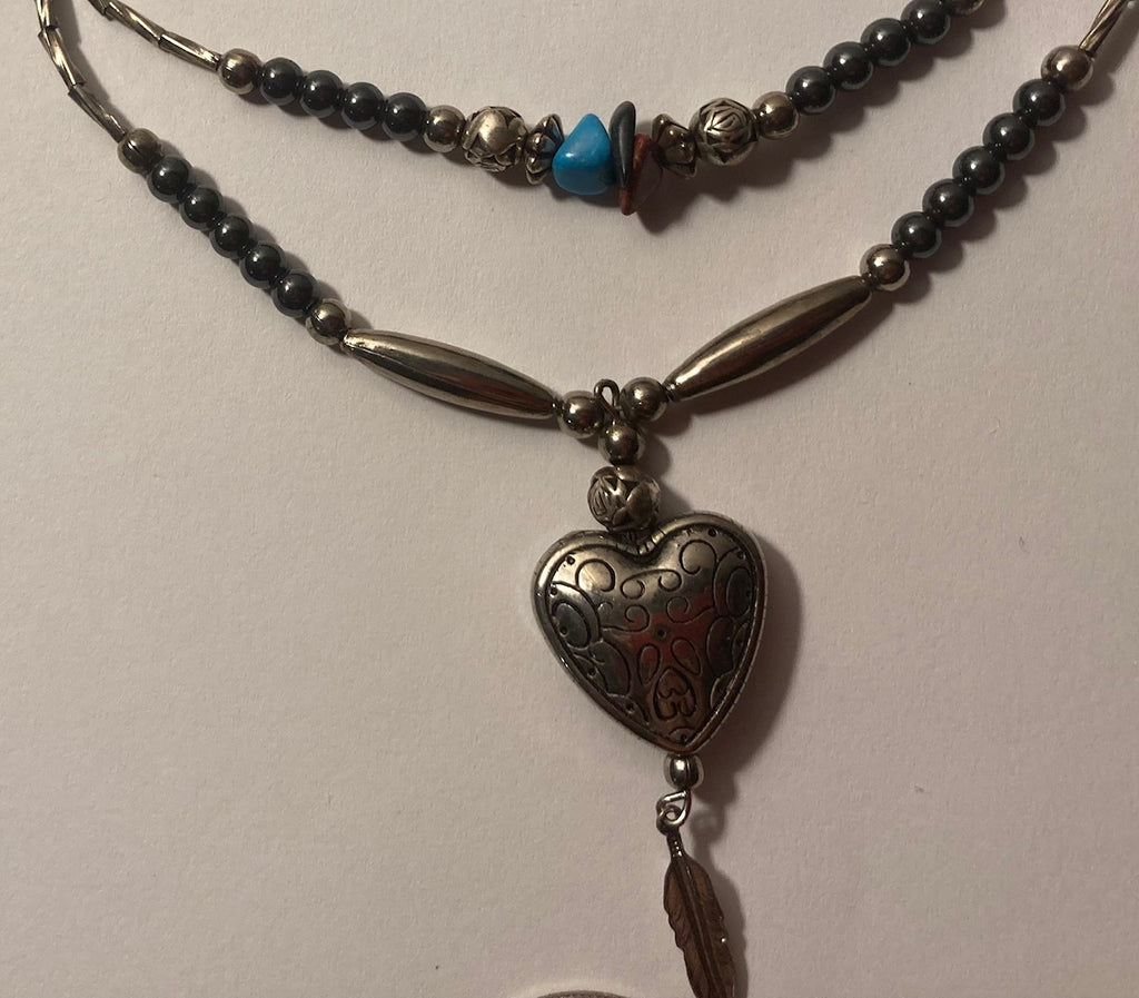 Vintage Silver, Heart, Feather, Turquoise Double Strand Necklace, Native Design, Quality, Jewelry, 0564 Accessory, Clothing, Necklace, Charm, Bracelet,