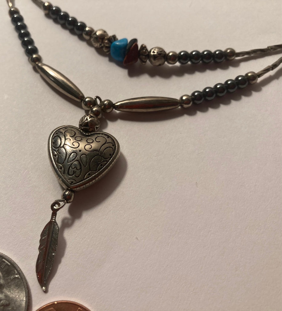 Vintage Silver, Heart, Feather, Turquoise Double Strand Necklace, Native Design, Quality, Jewelry, 0564 Accessory, Clothing, Necklace, Charm, Bracelet,
