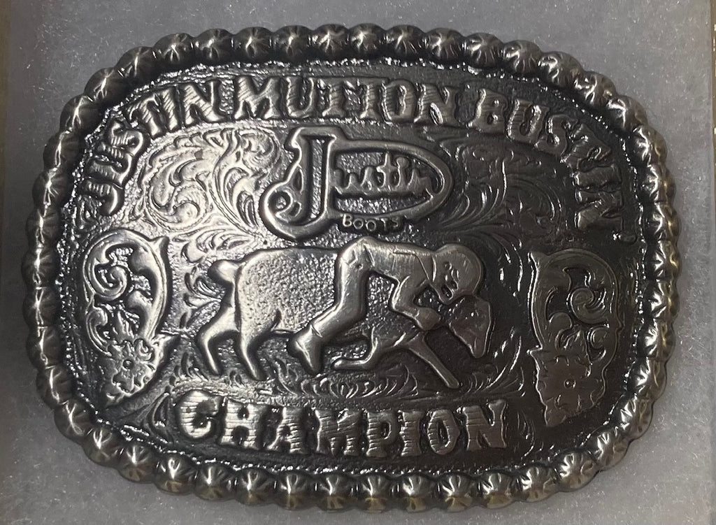 Vintage 1996 Metal Belt Buckle, Justin Mutton Bustin Champion, Nice Western Style Design