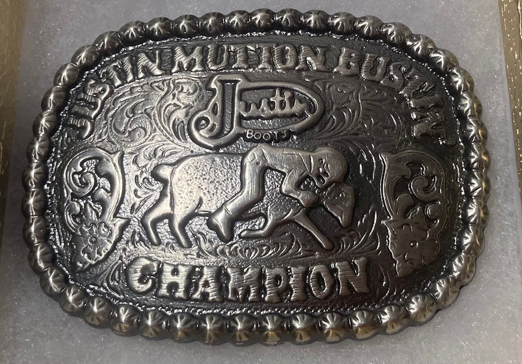 Vintage 1996 Metal Belt Buckle, Justin Mutton Bustin Champion, Nice Western Style Design