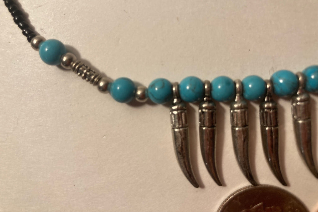 Vintage Silver and Turquoise Spiked Necklace, Native Design, Quality, Jewelry, 0567 Accessory, Clothing, Necklace, Charm, Bracelet,