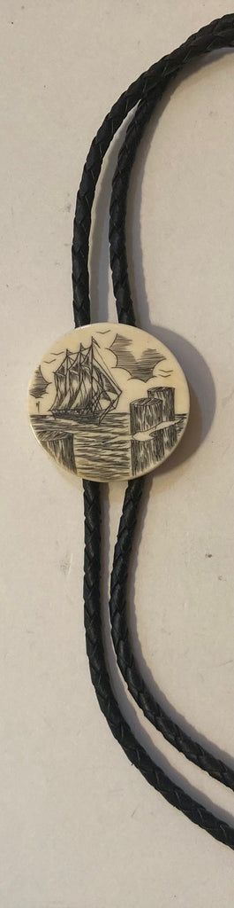 Vintage Metal Bolo Tie, Nice Ship, Sailboat, Stone Design, Nice Western Design, 1 1/2" x 1 1/2", Quality, Heavy Duty, Made in USA, Country & Western, Cowboy, Western Wear, Horse, Apparel, Accessory, Tie, Nice Quality Fashion
