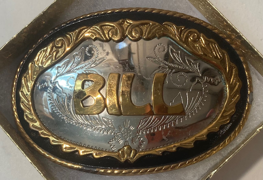 Vintage Metal Belt Buckle, German Silver and Brass, Bill, Billy, William, Nice Western Style Design