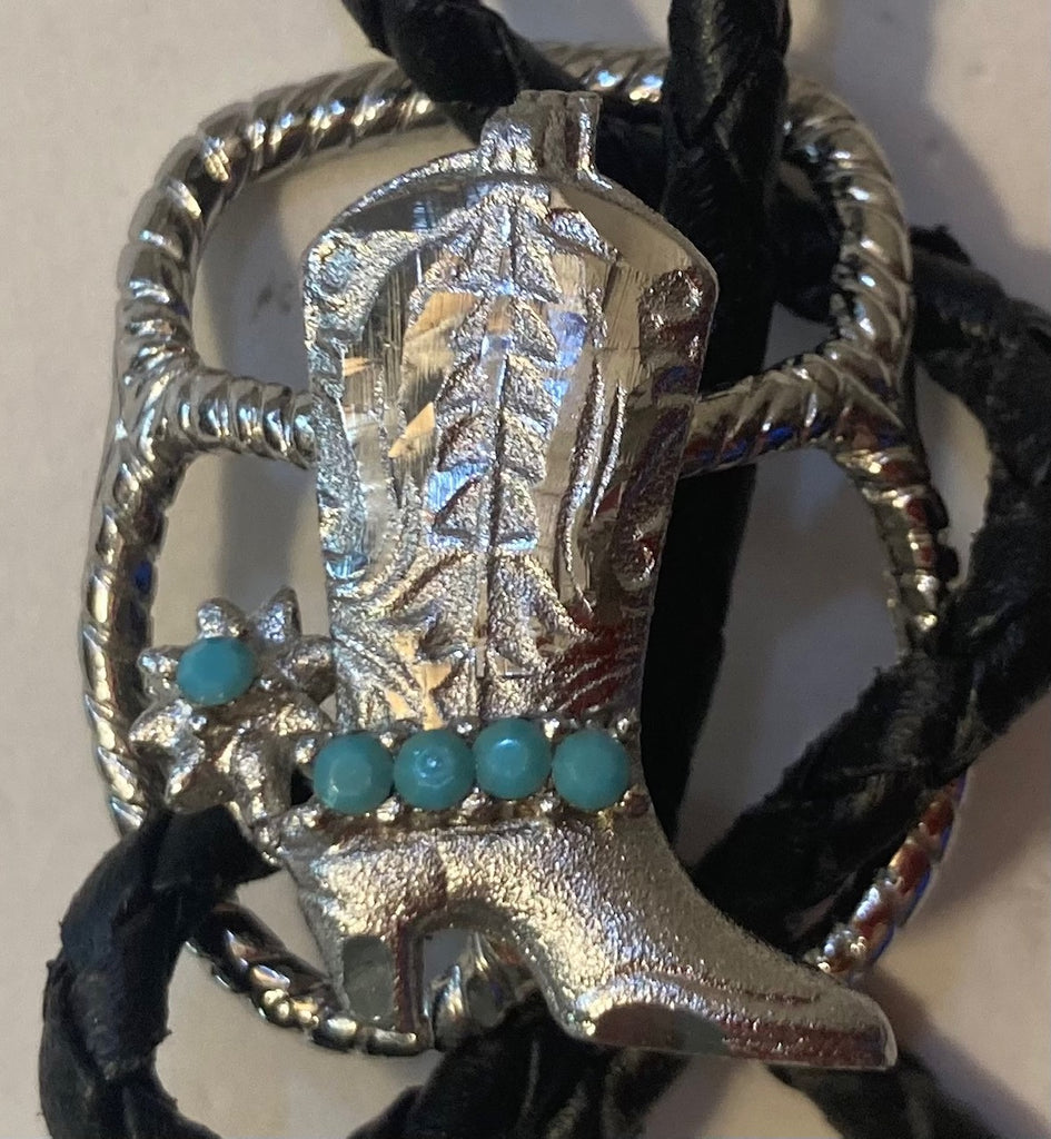 Vintage Metal Bolo Tie, Nice Silver Cowboy Boot with Blue Accents, Nice Western Design, 1 1/2" x 1 1/4", Quality, Heavy Duty, Made in USA, Country & Western, Cowboy, Western Wear, Horse, Apparel, Accessory, Tie, Nice Quality Fashion