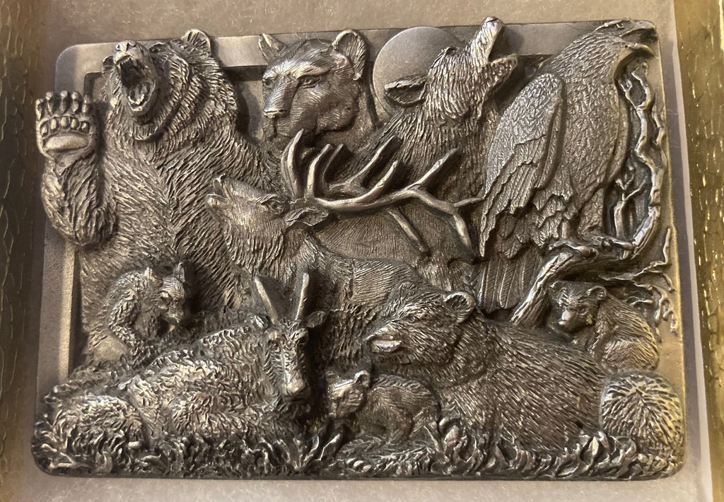Vintage Metal Belt Buckle, Bear, Lion, Elk, Mountain Goat, Eagle, More, Nice Western Style Design, 3 1/4" x 2 1/4", Heavy Duty, Quality, Thick Metal, Made in USA, For Belts, Fashion, Shelf Display, Western Wear, Southwest, Country, Fun, Nice