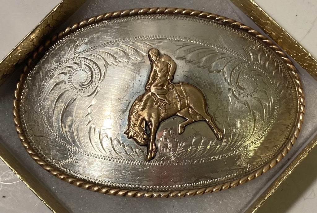 Vintage Metal Belt Buckle, Sterling Silver and Brass, Cowboy On A Horse, Irvine & Jachens Inc, Nice Western Style Design